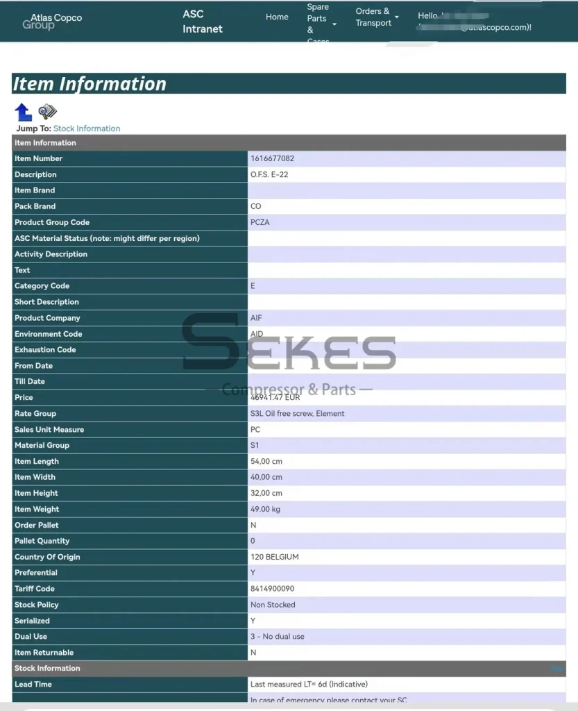 1616677082: O.F.S. E-22 | ATLAS COPCO AIR END 3 1616677082 O.F.S. E-22 ATLAS COPCO AIR END DATASHEET
